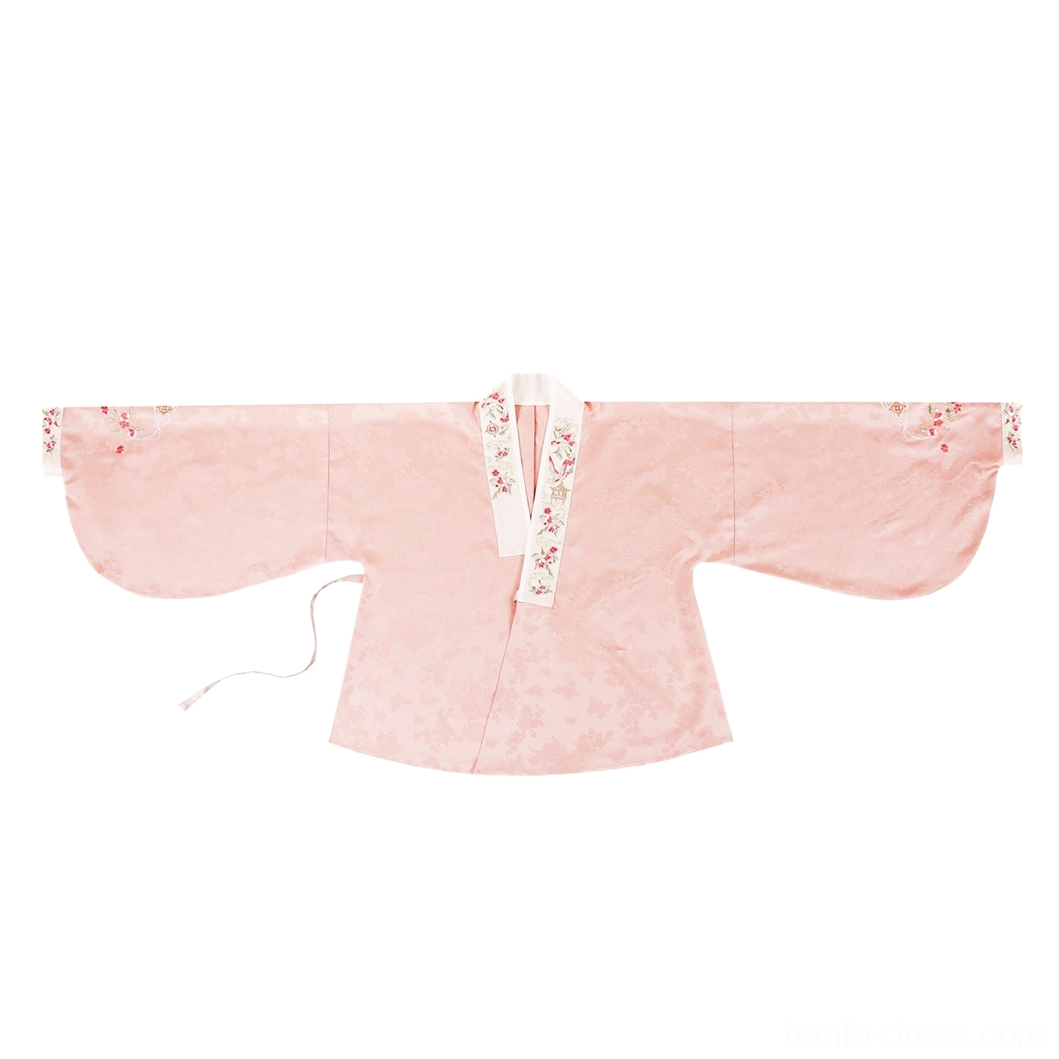 Pink embroidered pipa sleeve hanfu top flat lay with cross collar wide sleeves and side tie closure