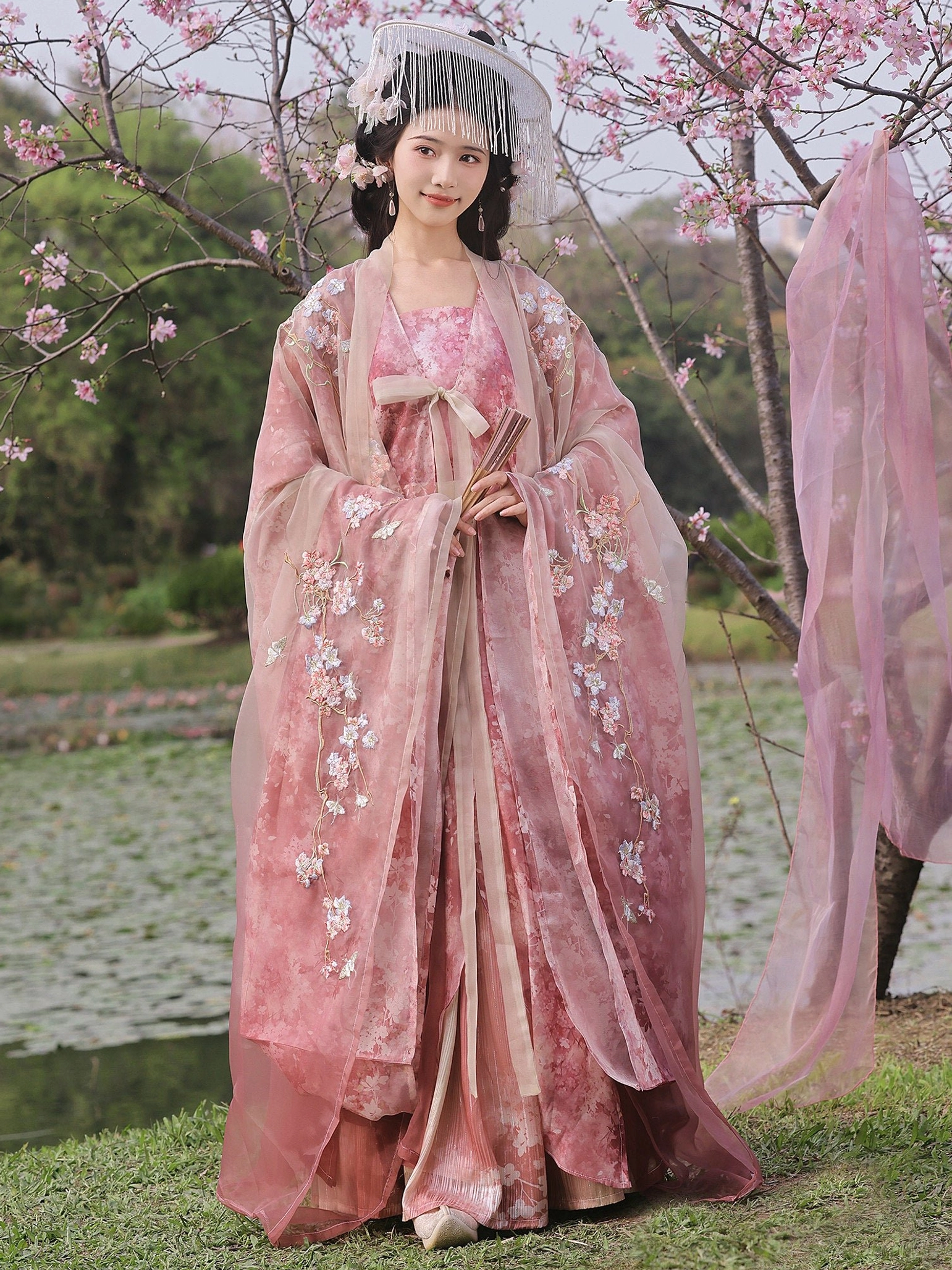 Pink floral Hanfu full set with square-neck inner dress, waist ribbon, wide-sleeve robe, and traditional Chinese styling