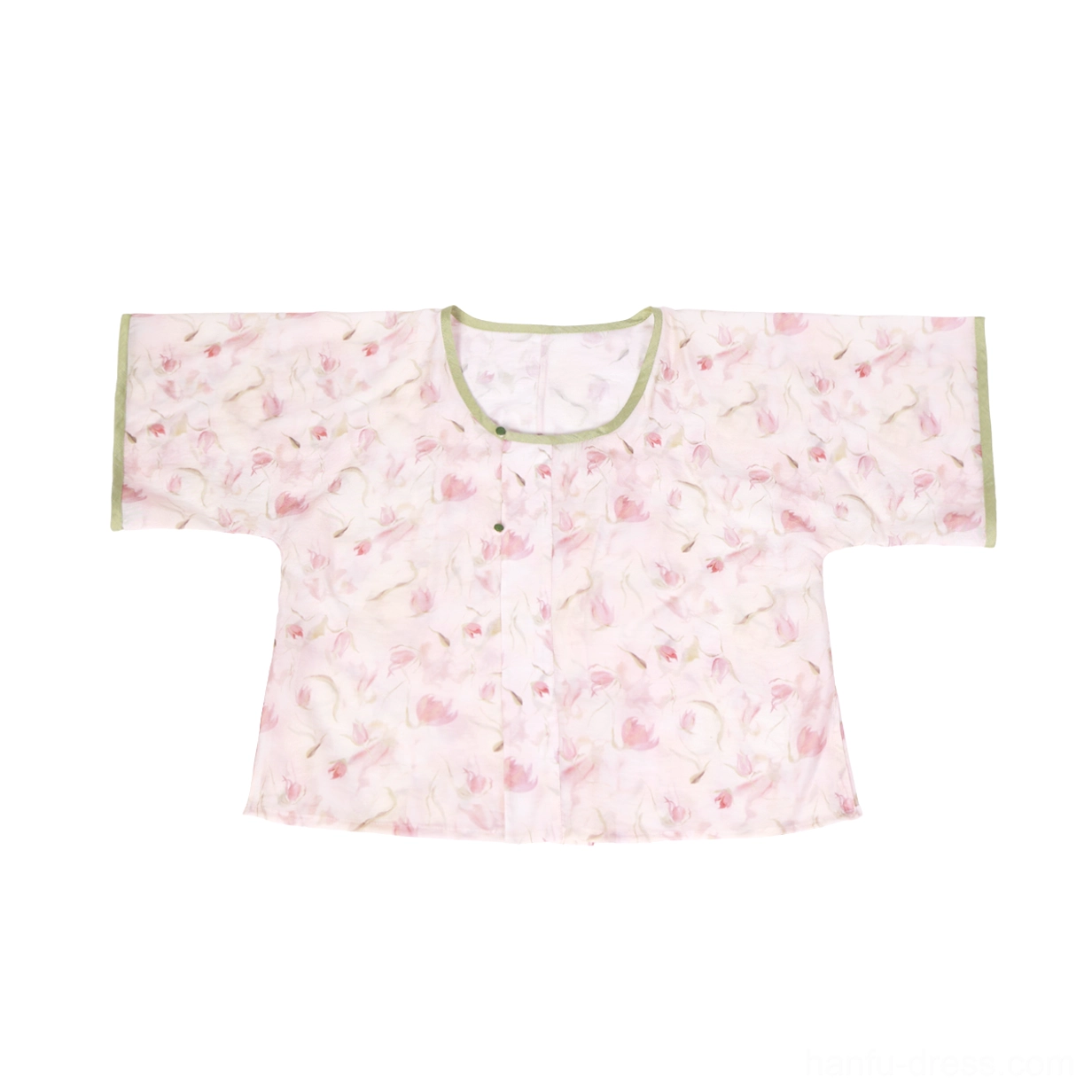 Pink floral Song Dynasty Hanfu Beizi top with square neckline, green trim, front buttons, short sleeves, and relaxed fit