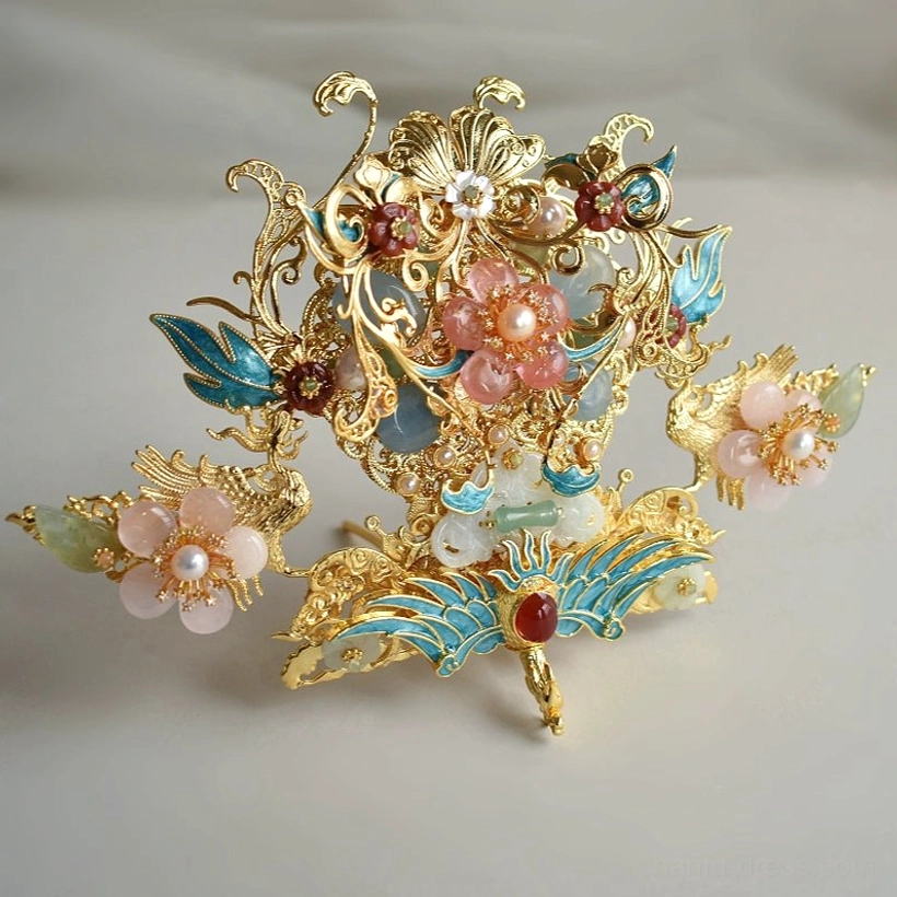 Matching Hanfu side hairpins and hair comb ornaments with pink flowers blue enamel leaves and gold tone frames