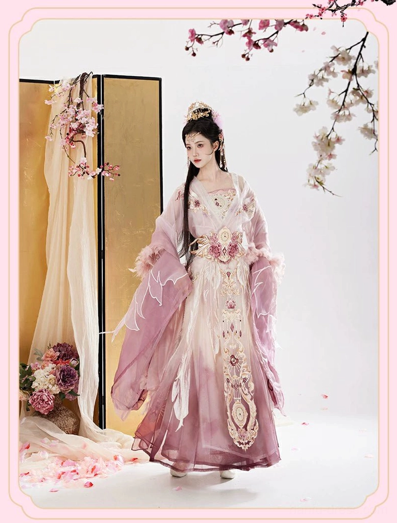 Elegant side view of a pink gradient Wei Jin Dynasty Hanfu with matching outer robe, underdress, floral waist accessories, and a graceful traditional Chinese silhouette