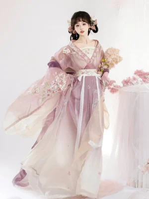 Pink gradient Wei Jin Dynasty Qiyao Ruqun Hanfu full body front view with floral embroidered collar, wide sheer sleeves, flowing skirt, and long waist sash ribbons