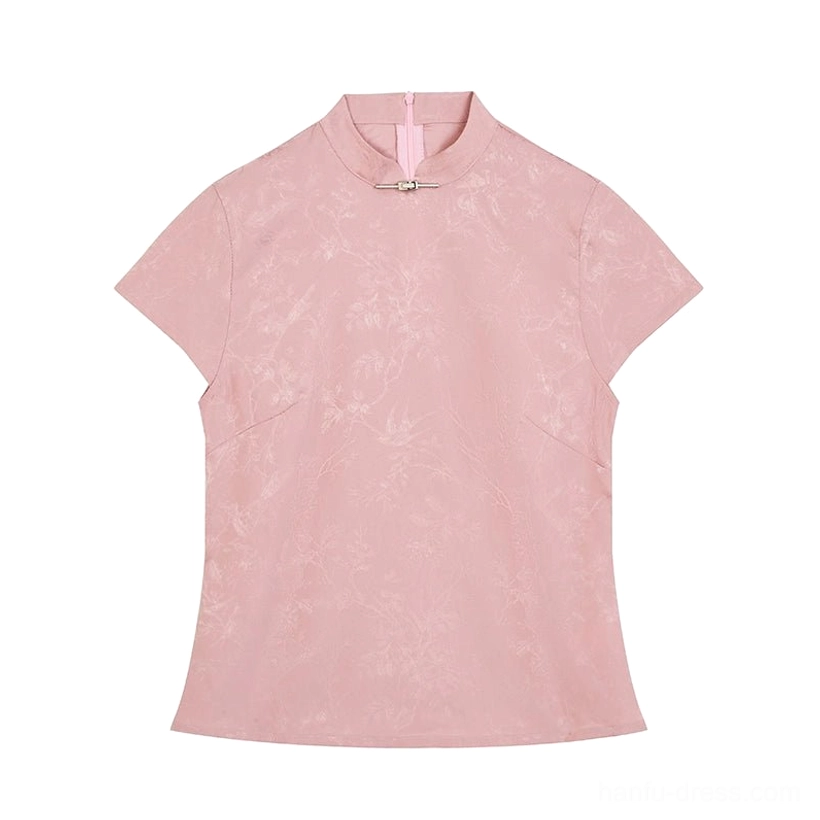 Soft pink Chinese-style Hanfu blouse with jacquard texture, fitted shape, stand collar, and decorative clasp