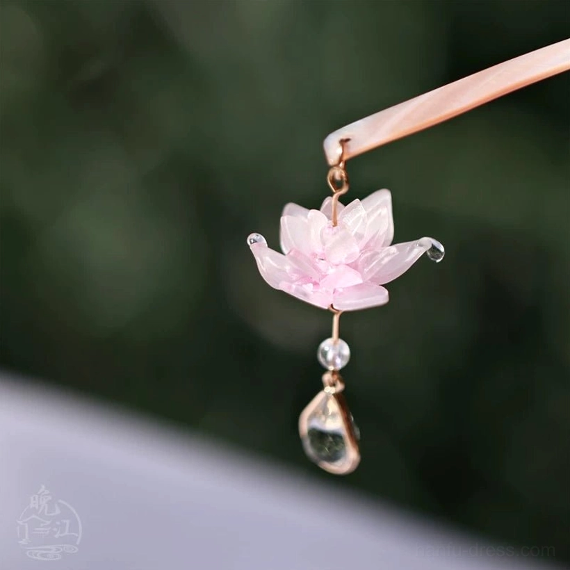 Detailed pink layered lotus flower pendant with clear bead and teardrop crystal charm for traditional Chinese hair accessory