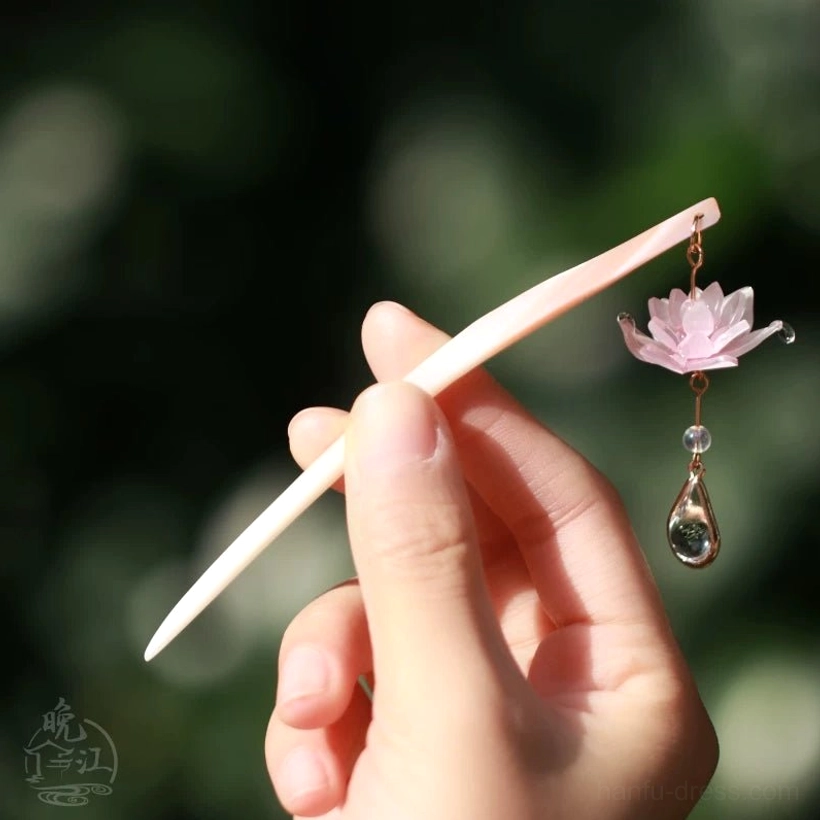 Pink lotus bloom Chinese hair stick with pearlescent pale pink pin, clear bead, and hanging teardrop crystal ornament