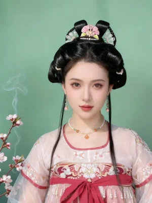 Female model wearing pink lotus bud Chinese earrings with Tang-style Hanfu and traditional Chinese hairstyle beside blooming peach blossoms