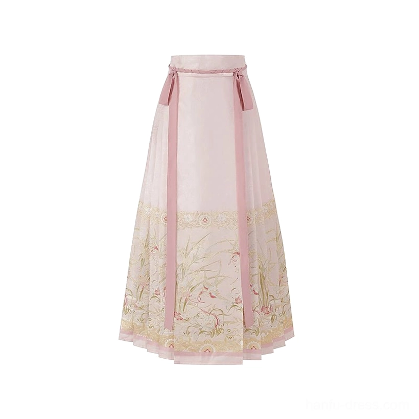 Flat lay of the pink Ming inspired mamian horse face skirt with matching waist sashes, embroidered grass and flowers, pleats, and gold decorative borders