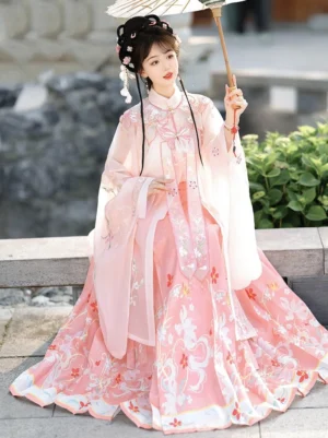 Pink Ming Dynasty Hanfu set with embroidered robe and matching mamian skirt styled with an oil paper umbrella on a classical Chinese garden terrace