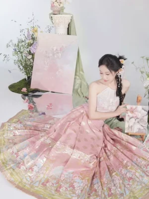 Modern Hanfu outfit with pink Ming Dynasty-inspired mamian skirt, halter neck top, flowing pleats, and gilded floral embroidery