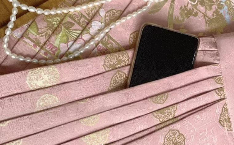Close-up of pink modern Hanfu mamian skirt showing structured pleats, gilded round motifs, and hidden side pocket