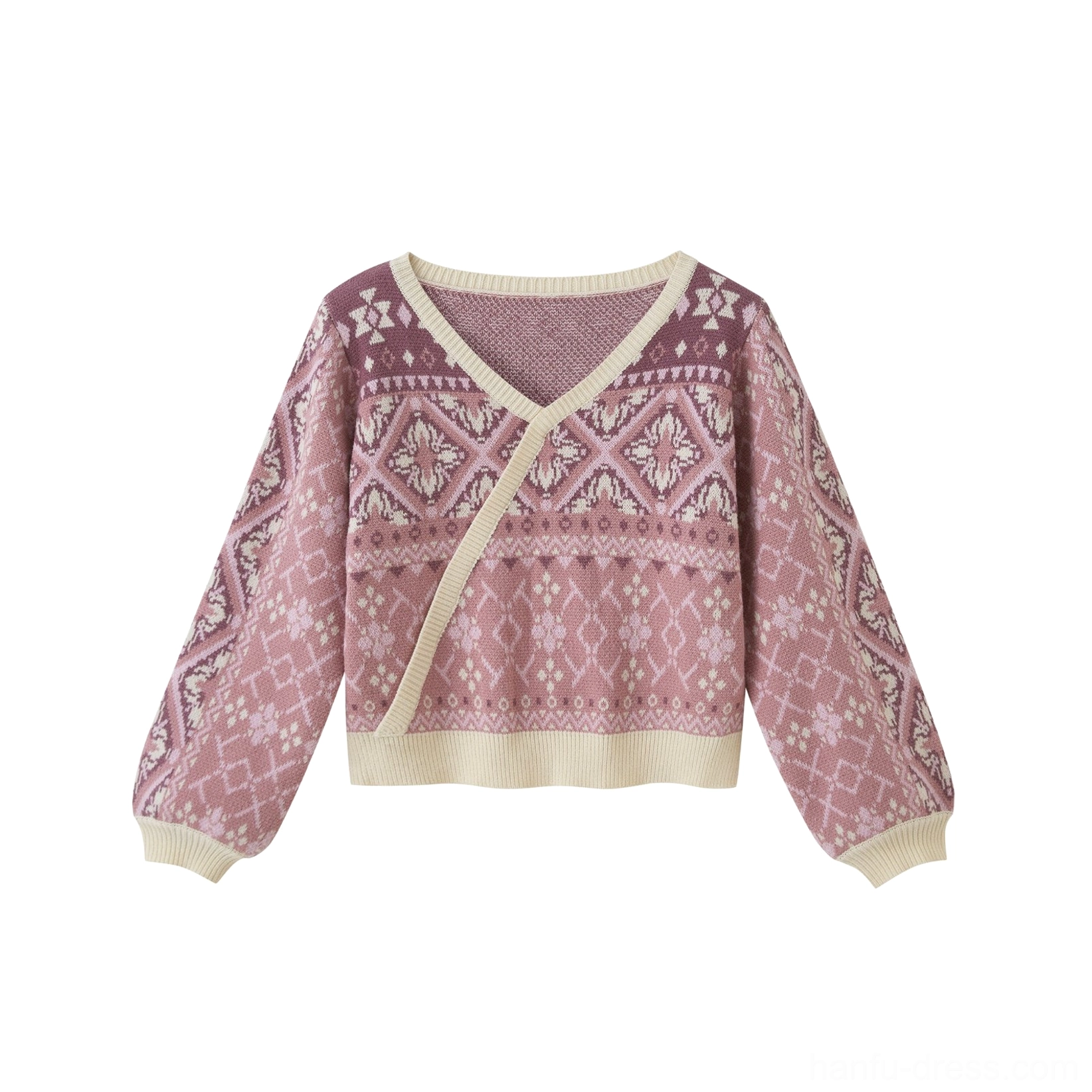 Flat lay front view of a two-tone pink modern Hanfu-inspired wrap knit sweater with cream trim, floral patterns, and lantern sleeves