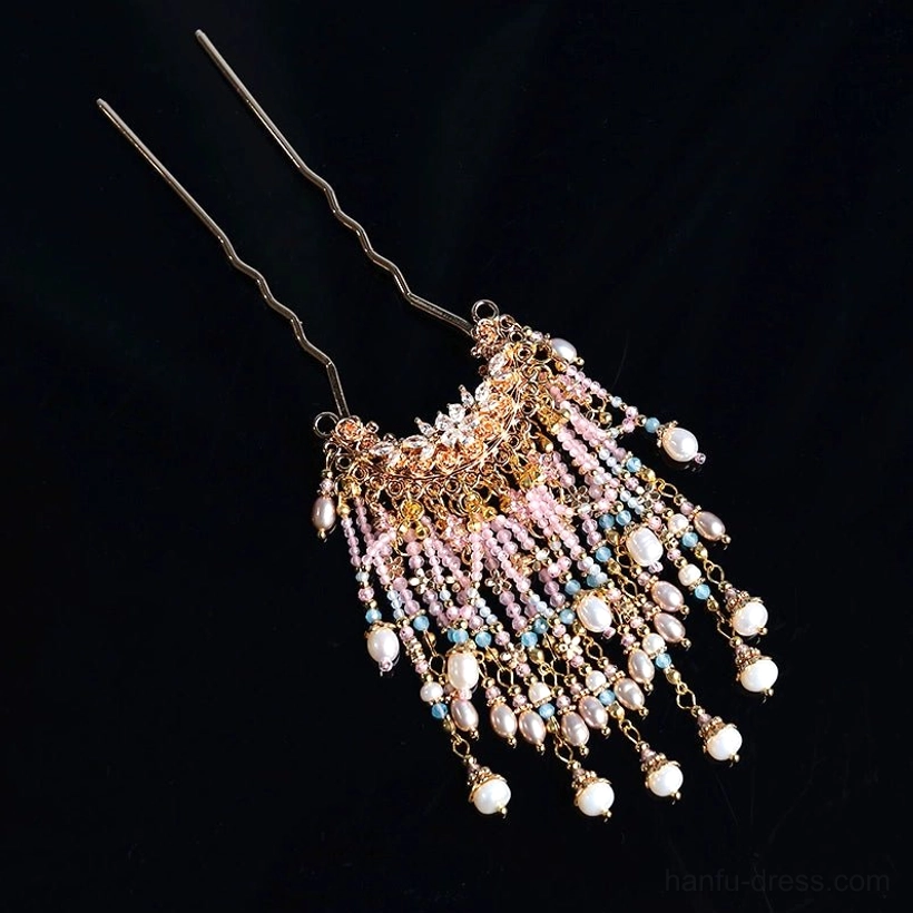 Pink Pearl Princess Hanfu tassel hair pin with light blue accent beads, gold-tone hairpin stems, and white pearl-style pendants