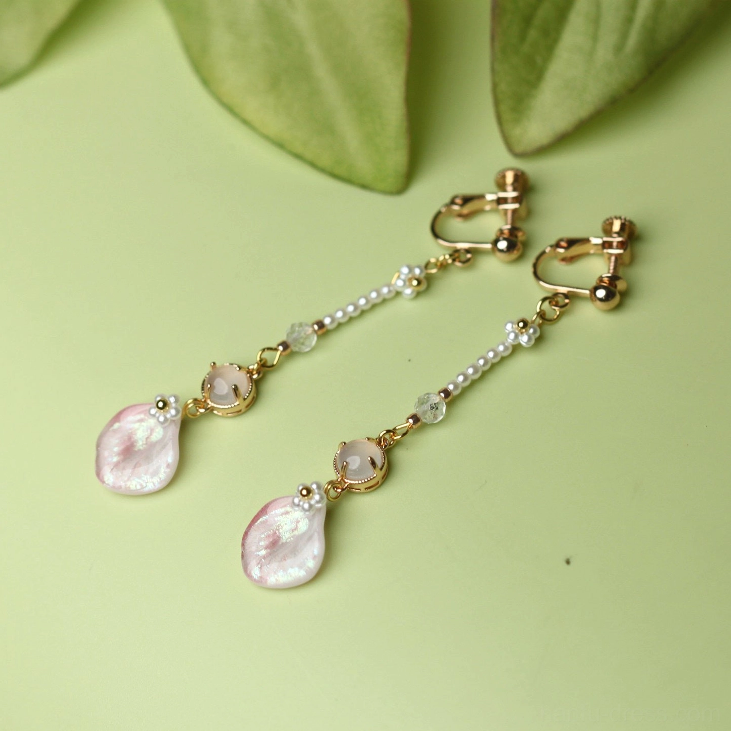 Non-pierced comfort clip-on pink petal Chinese earrings with gold clips beaded chains pink charms and iridescent floral pendants
