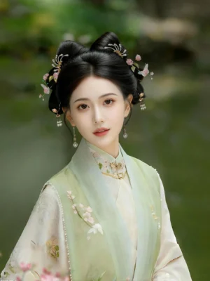 Hanfu model wearing pink petal Chinese earrings with a light green embroidered traditional Chinese outfit and floral hair accessories outdoors