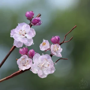Close-up of a pink plum blossom Chinese hair stick with purple buds, water-drop-inspired petals, and a brown branch-style stem on a soft green background