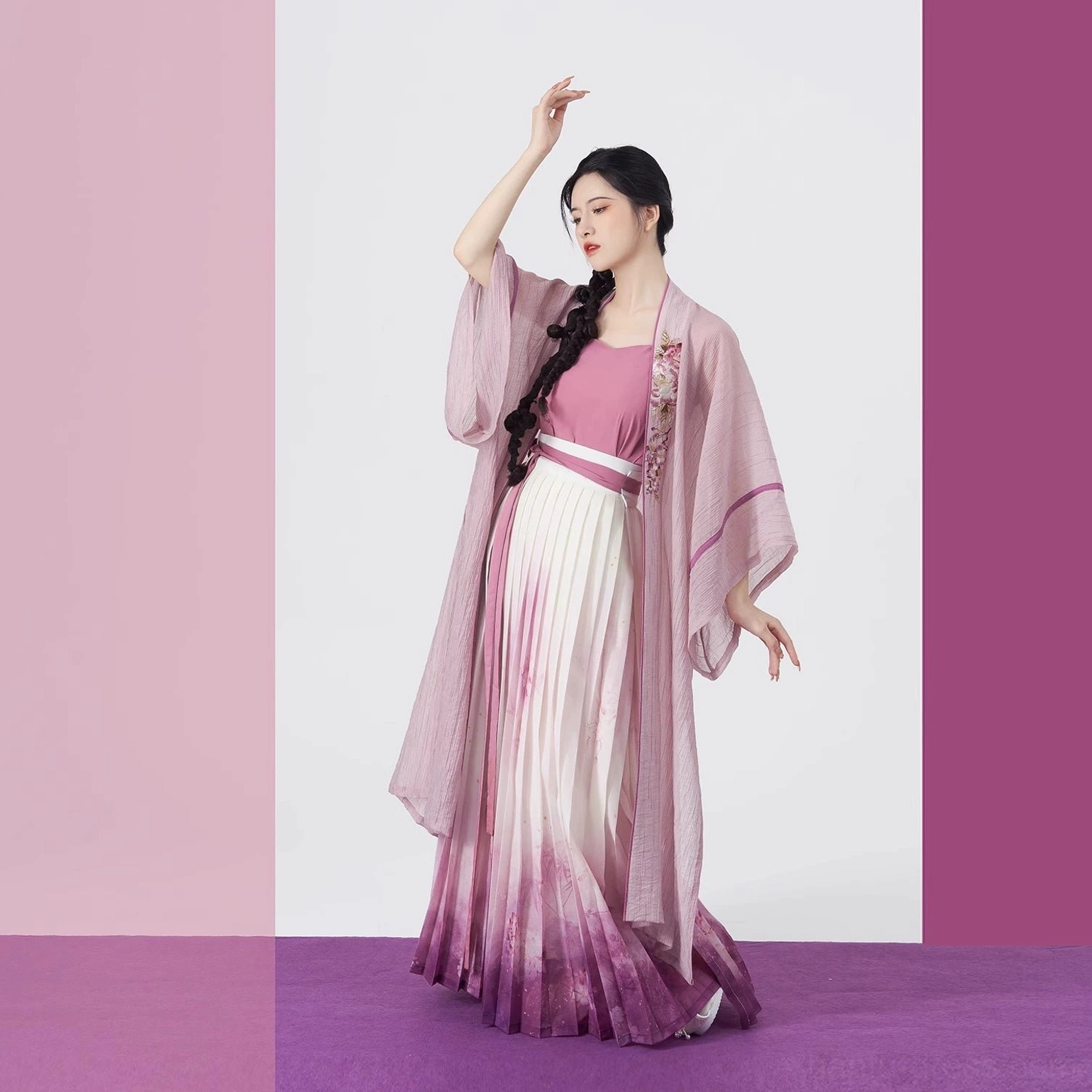 Pink color Song Dynasty hanfu set with flowing Changgan Temple-inspired beizi, camisole, and gradient pleated wrap skirt