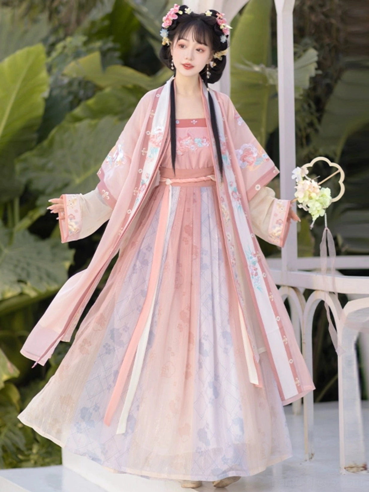 Pink Song Dynasty Qiyao Ruqun Hanfu set shown in a full-body front view with embroidered Beizi coat, gradient chiffon wrap skirt, long waist ribbons, and traditional floral hair accessories