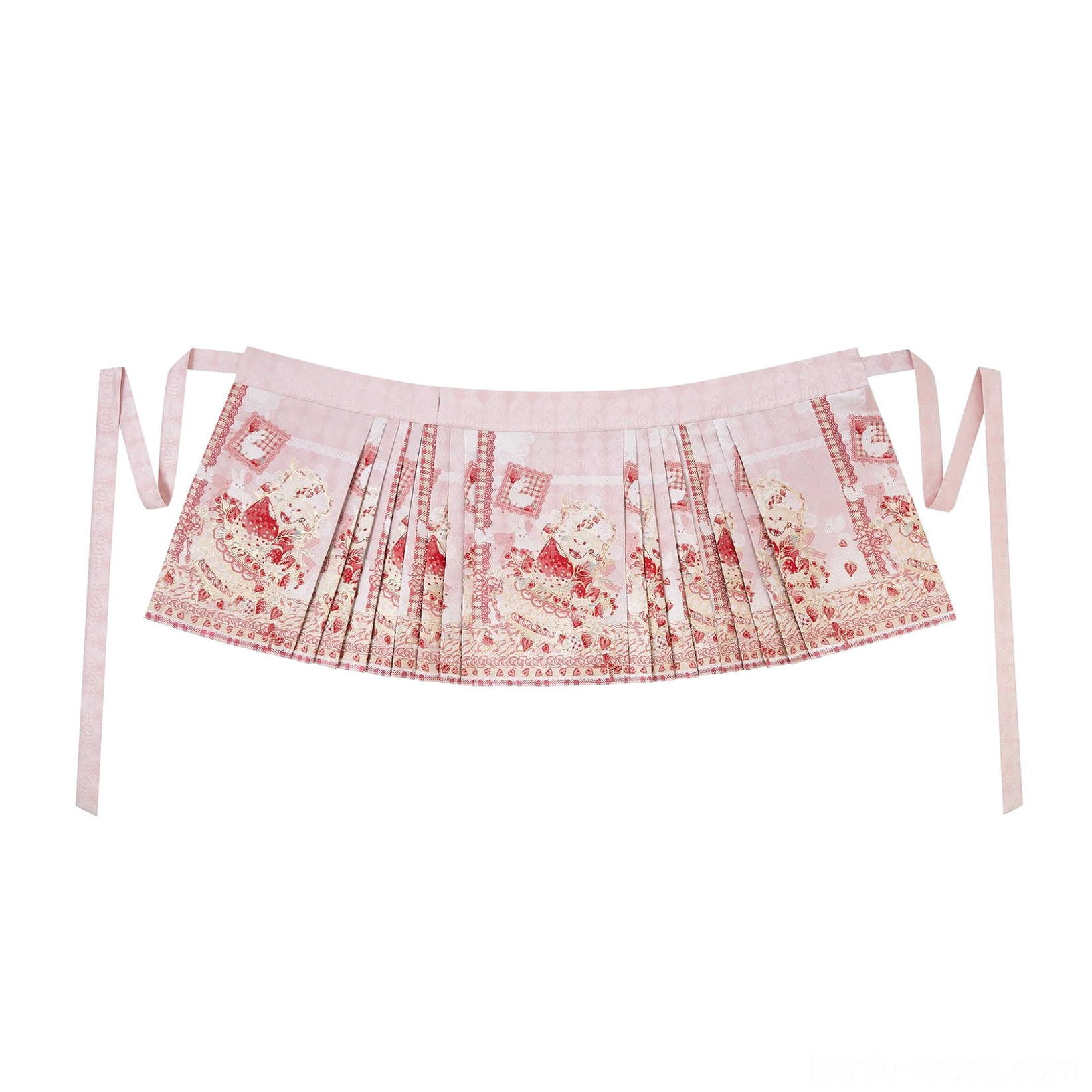 Flat lay of pink strawberry dessert print mini mamianqun horse face skirt with pleated silhouette and side waist tie straps
