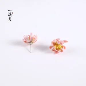 Pink velvet chrysanthemum flower earring design showing one finished stud earring and one unassembled flower component with silver ear pin