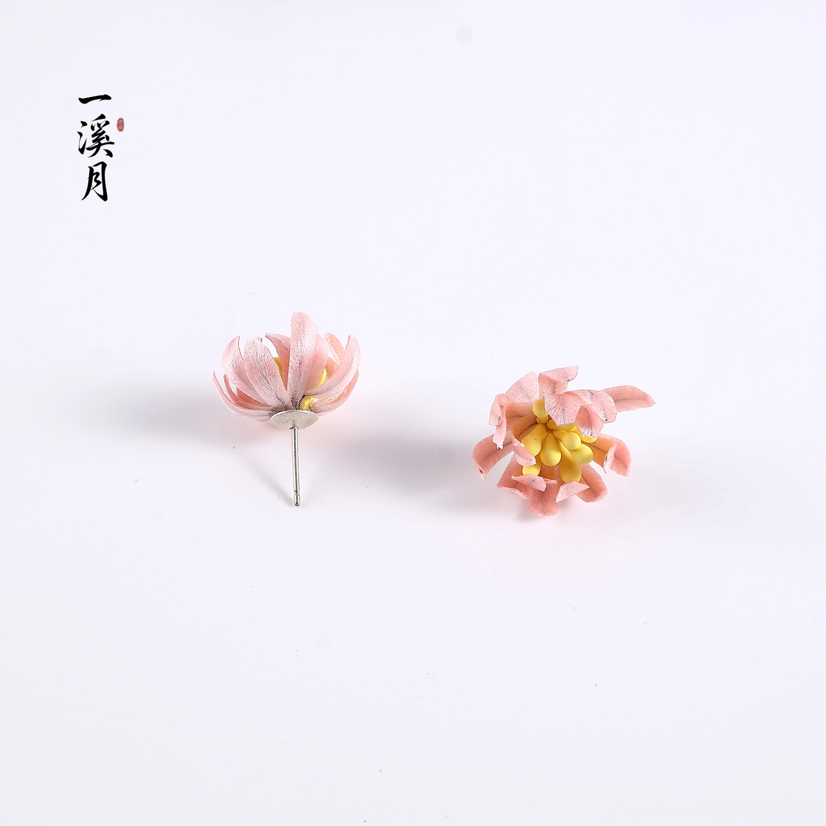 Pink velvet chrysanthemum flower earring design showing one finished stud earring and one unassembled flower component with silver ear pin