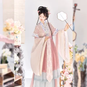 Pink Wei Jin Dynasty Qiyao Ruqun Hanfu with sheer wide sleeves, embroidered lattice yoke, floral waist sash, layered pink and pale blue skirt, and traditional Chinese hairstyle in a classical studio setting