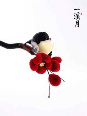 Plum blossom bird Chinese hair stick with red velvet flowers, yellow stamens, and black polished hairpin on white background