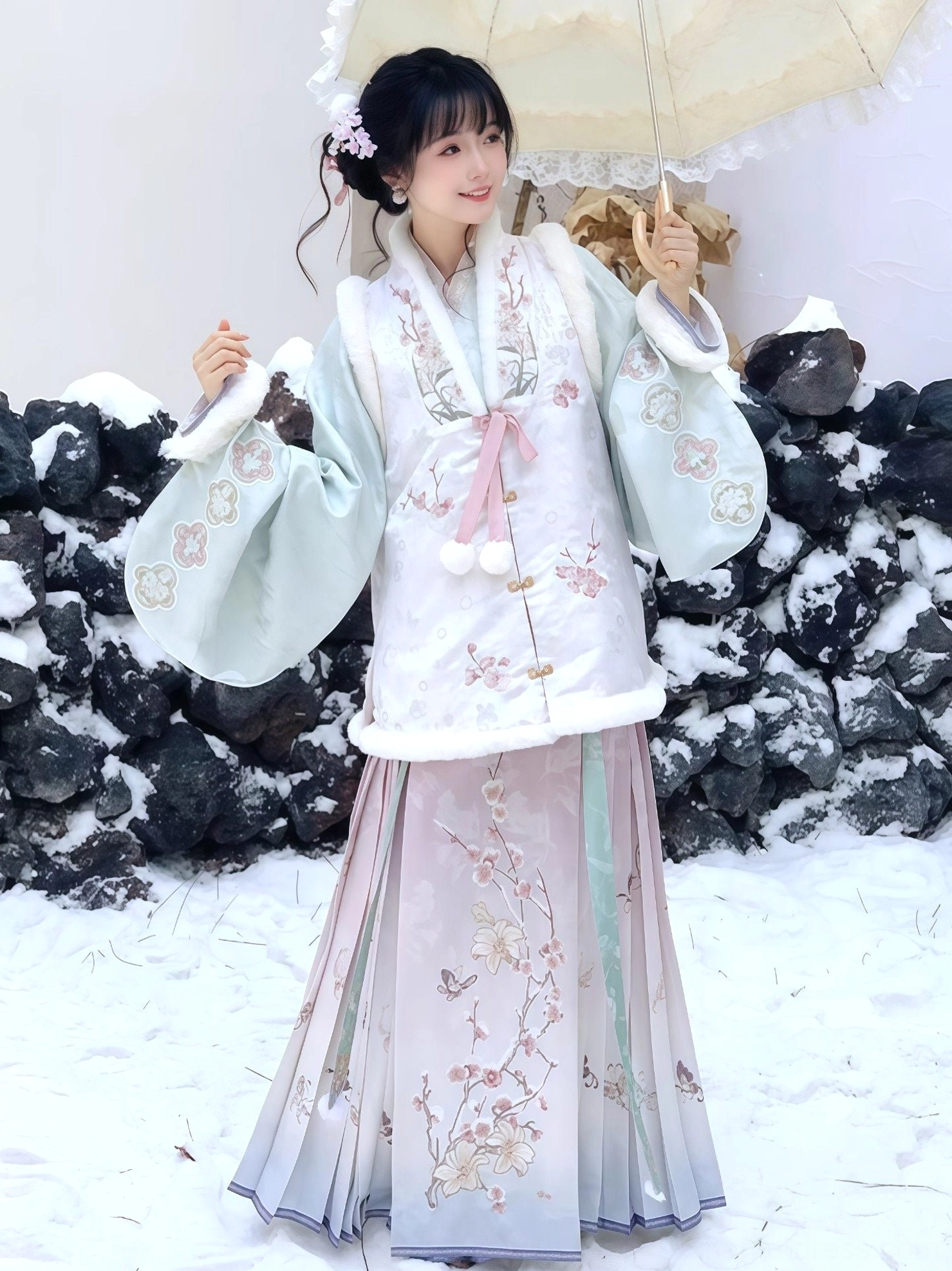 Plum blossom Ming Dynasty Hanfu set with gradient blue pink mamian skirt floral embroidery and matching hair accessories