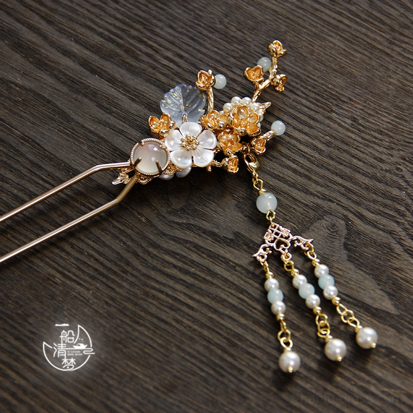 Plum blossom and snow Chinese hair stick with white flowers pale blue beads faux pearls and cascading tassels