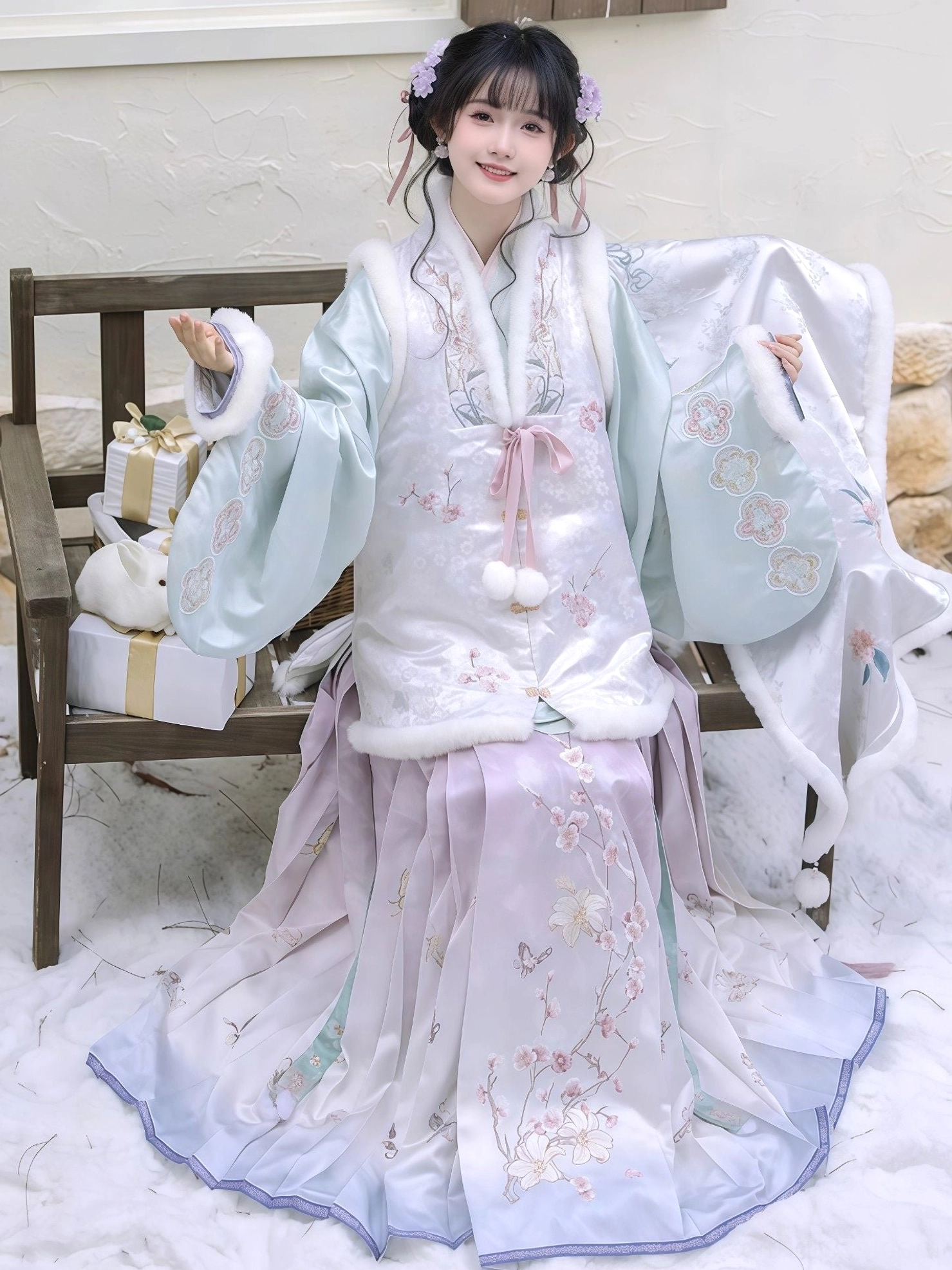 Plum blossom winter Ming Dynasty Hanfu full set with bijia vest pipa sleeve top and mamian skirt in snowy courtyard