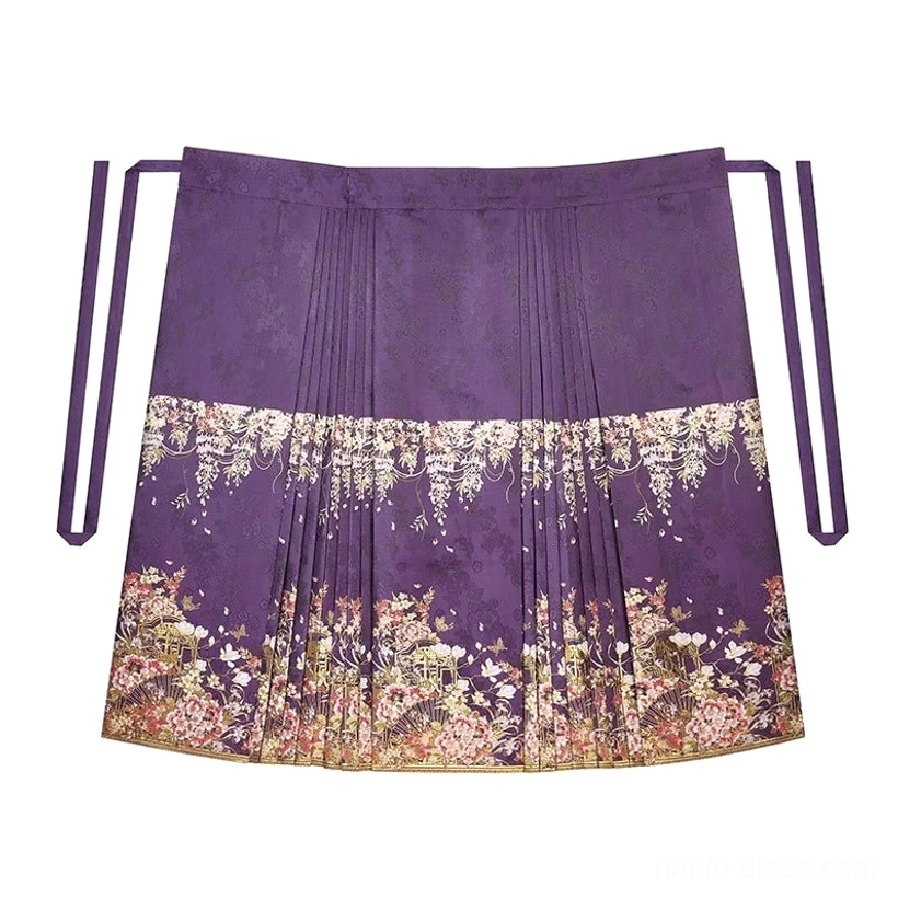 Dark purple pleated Ming Dynasty mamian skirt flat lay with floral landscape hem print and matching purple waist ties