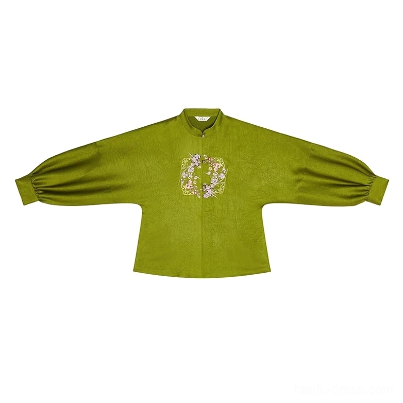 Olive green stand-collar Ming Dynasty Hanfu blouse flat lay with long lantern sleeves and delicate floral chest embroidery