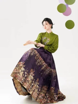Olive green Ming Dynasty Hanfu collar blouse with dark purple floral hem mamian skirt in a three-quarter full-body studio portrait