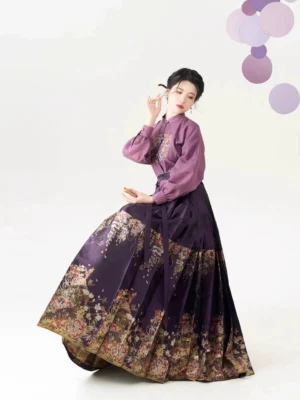 Dusty purple Ming Dynasty Hanfu blouse and dark purple floral mamian skirt full set shown in a three-quarter studio view