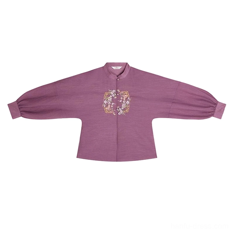 Dusty purple stand-collar Hanfu blouse flat lay with long lantern sleeves concealed closure and circular floral chest embroidery