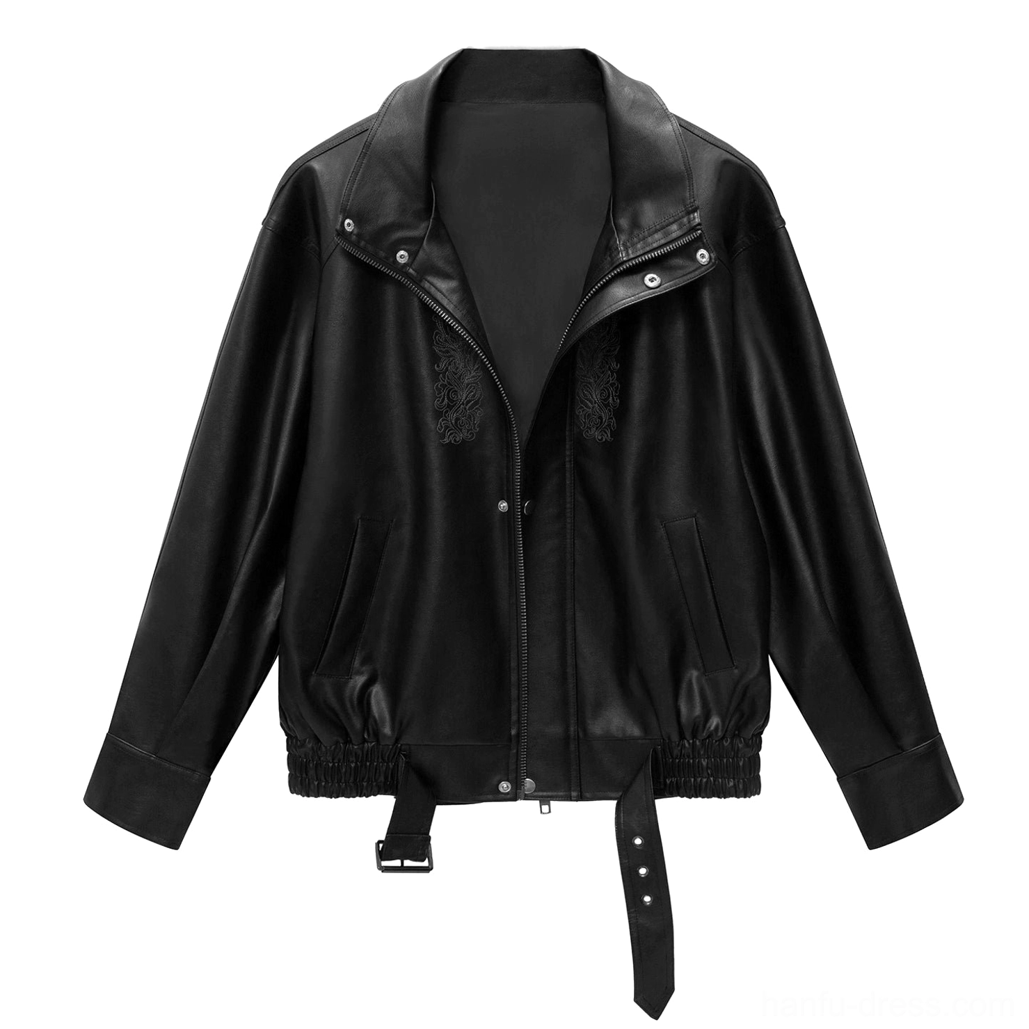 Black matte faux leather oversized coat with lapel zip closure and adjustable belted hem for Polar Night Hanfu outfit