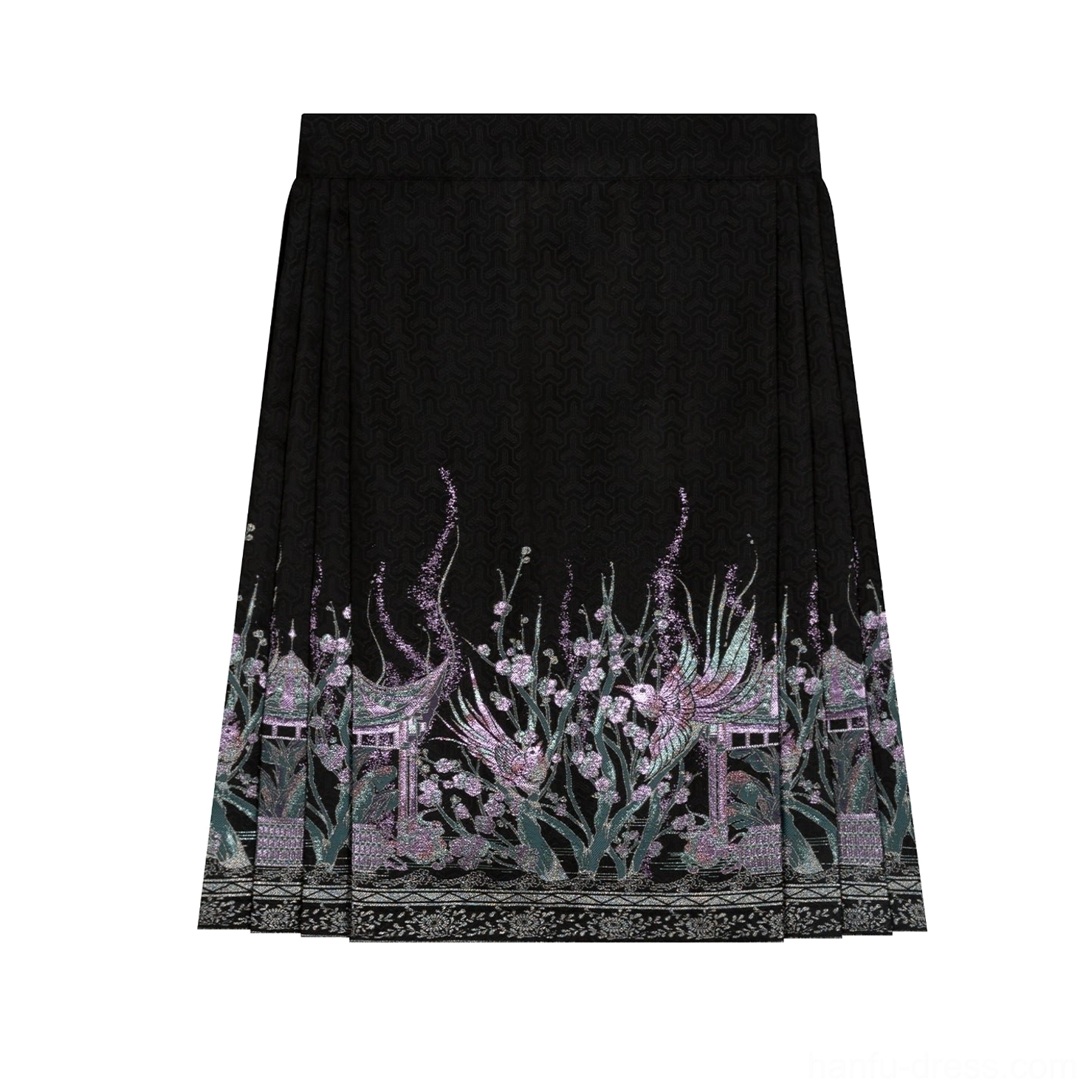 Black high-waisted pleated mini mamian skirt with woven phoenix and floral brocade motifs