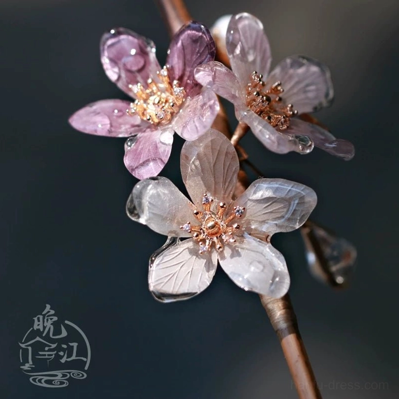 Detailed side view of cherry blossom cluster decoration on Polar Night Chinese hair stick with deep purple petals, clear flowers and crystal tassel