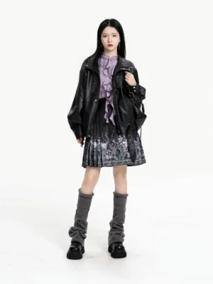Full front studio view of Polar Night Chinese blouse mini mamian skirt outfit with black faux leather coat and lavender ruffle top