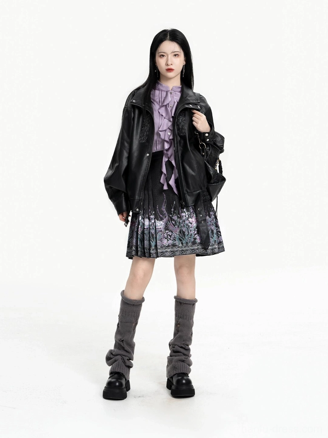 Full front studio view of Polar Night Chinese blouse mini mamian skirt outfit with black faux leather coat and lavender ruffle top