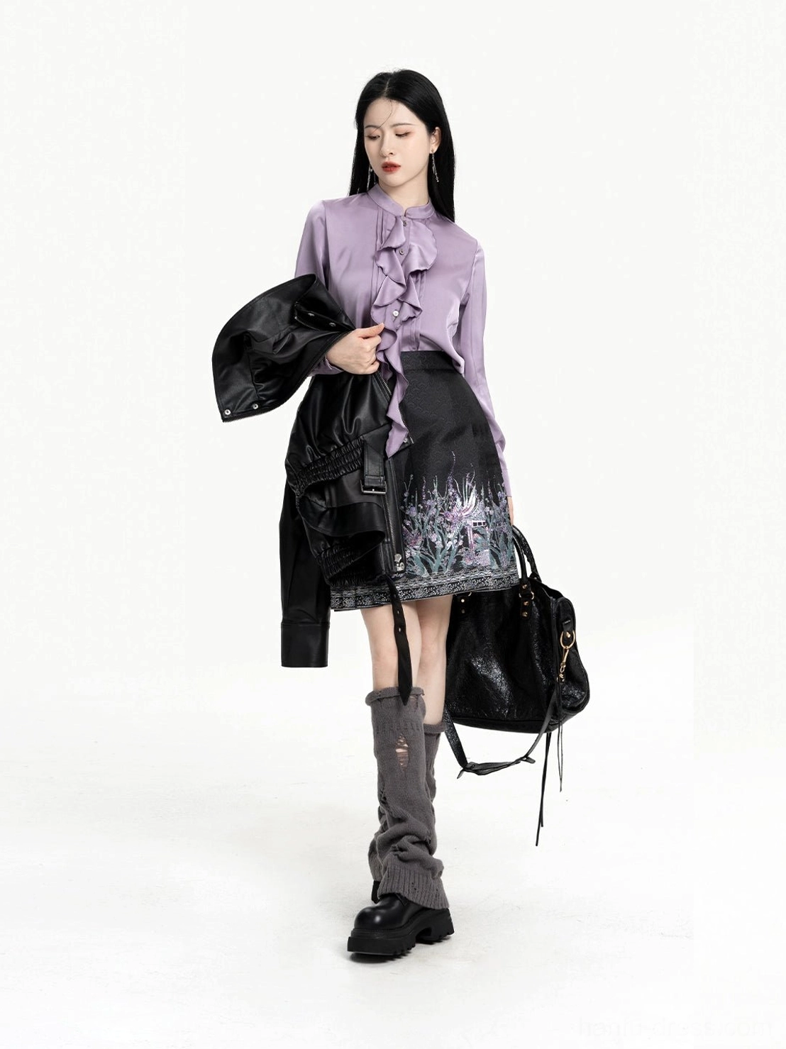 Walking studio look featuring Polar Night Chinese blouse mini mamian skirt outfit with black leather-style jacket