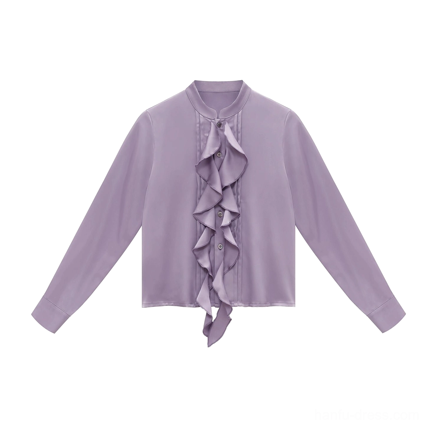 Lavender silk-gloss satin long sleeve Chinese blouse with stand collar buttons and cascading ruffle trim