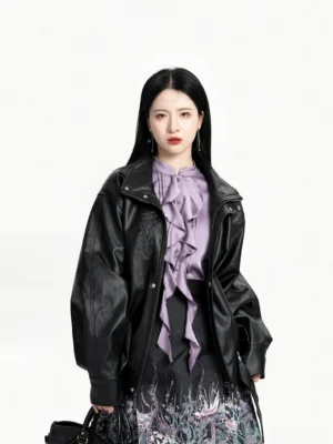 Close-up of lavender satin ruffle Chinese blouse and black faux leather coat from Polar Night mini mamian skirt outfit
