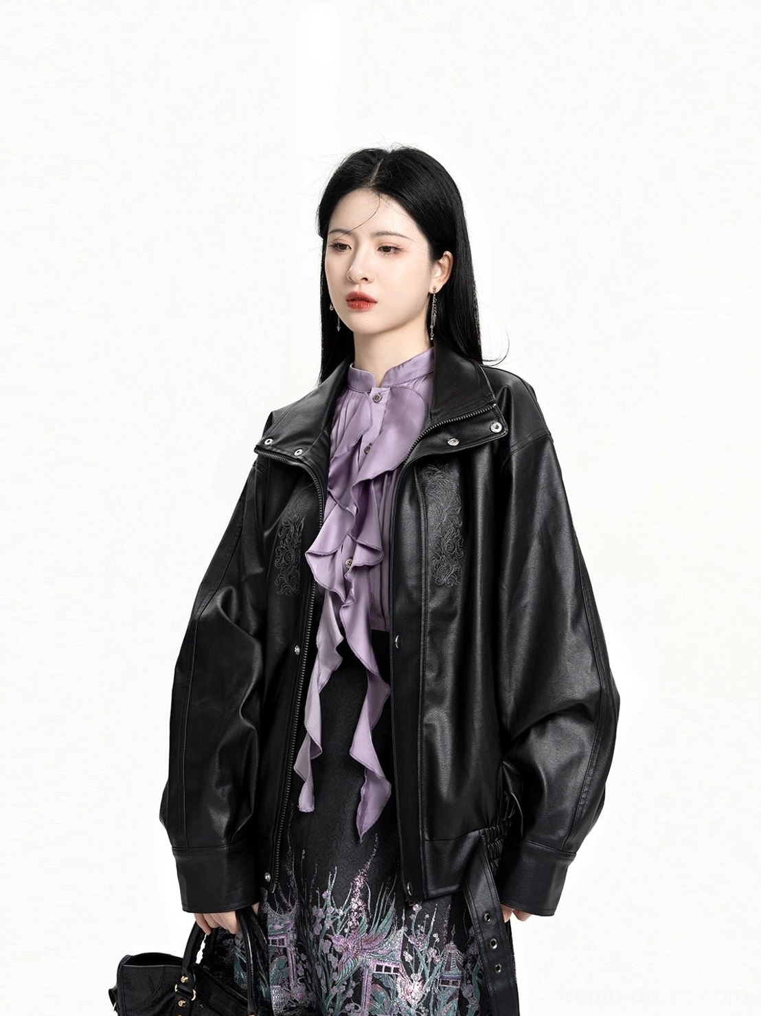 Side view of Polar Night lavender ruffle blouse showing draped satin silhouette in modern Chinese Hanfu outfit