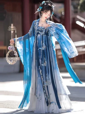 Three-quarter front view of a porcelain blue Tang Dynasty Hanfu dress with wide sleeves, butterfly embroidery, gradient skirt, traditional hair ornaments, and lute-inspired prop in a Chinese courtyard