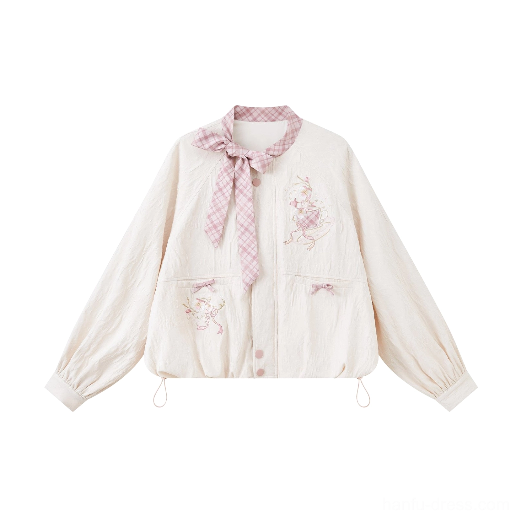 Flat lay of the cream modern Hanfu xianxia cropped coat with detachable pink plaid bow necktie, floral embroidery, bow pockets, and drawstring hem