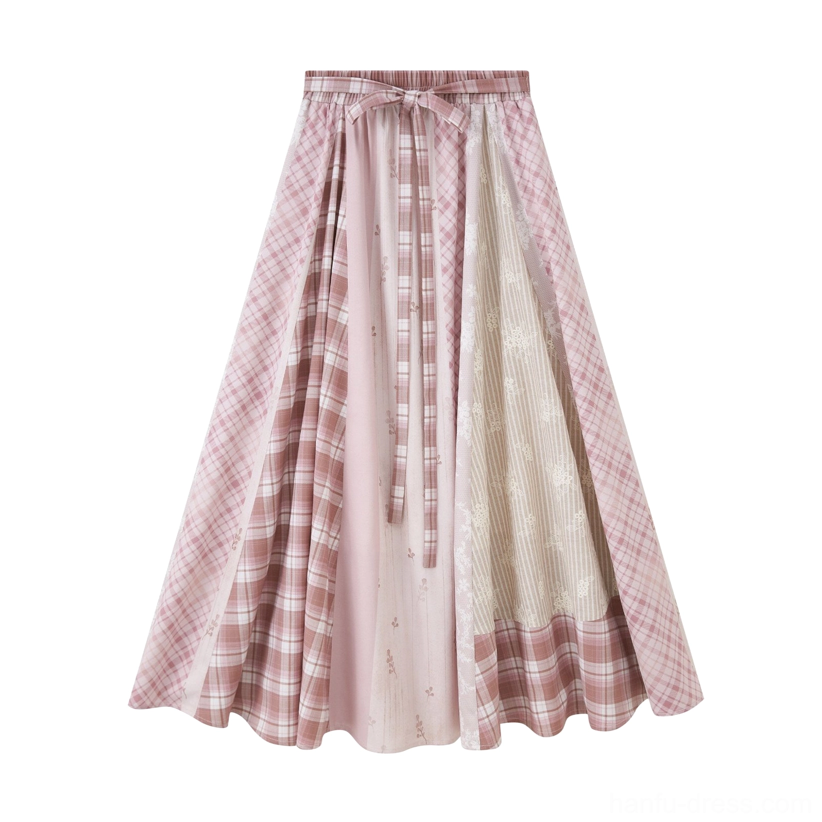 Flat lay of the modern Hanfu xianxia patchwork maxi skirt with high waist, pink plaid panels, striped fabric, and matching bow belt