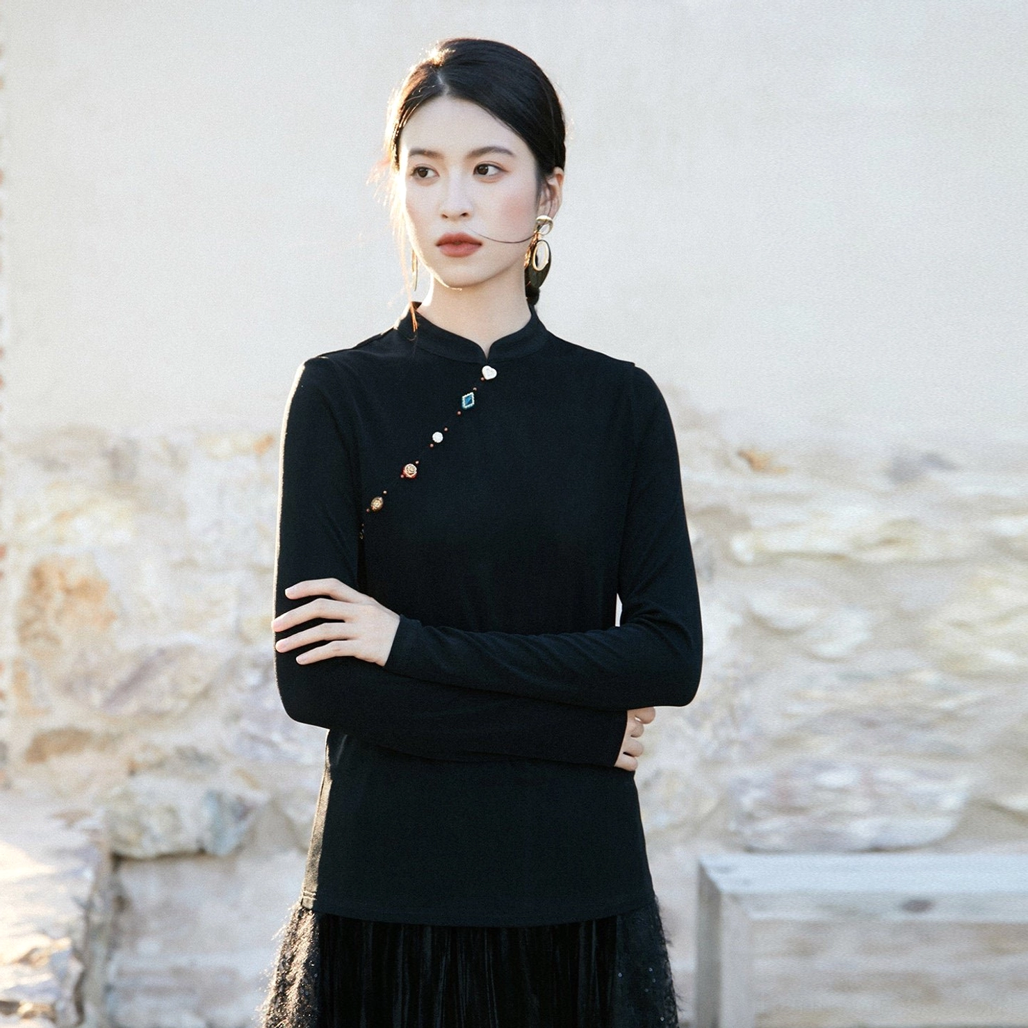 Pure black women’s satin shimmer modern Hanfu top with stand collar, slanted decorative buttons, slim long sleeves, and tulle midi skirt