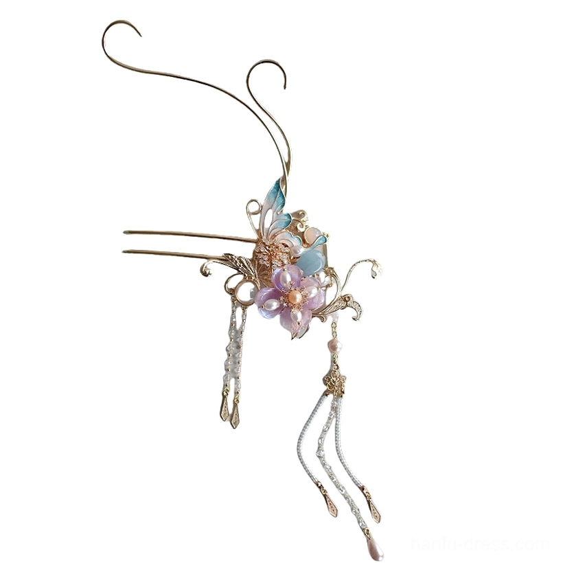 Single Hanfu hairpin with a gold metal base, purple-blue resin flower ornaments, double prongs, silk-style tassel, and beaded pendant