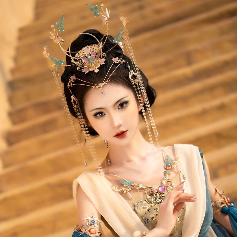 Purple Dunhuang Hanfu fairy hair accessory complete set worn with a traditional flying dance costume, featuring a gold-tone crown, blue phoenix motifs, purple gemstones, and long crystal tassels