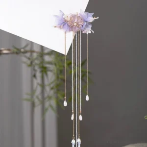 Purple floral Hanfu back hair pin with gold chains glass teardrop pendants and blue purple tassels displayed on a white card